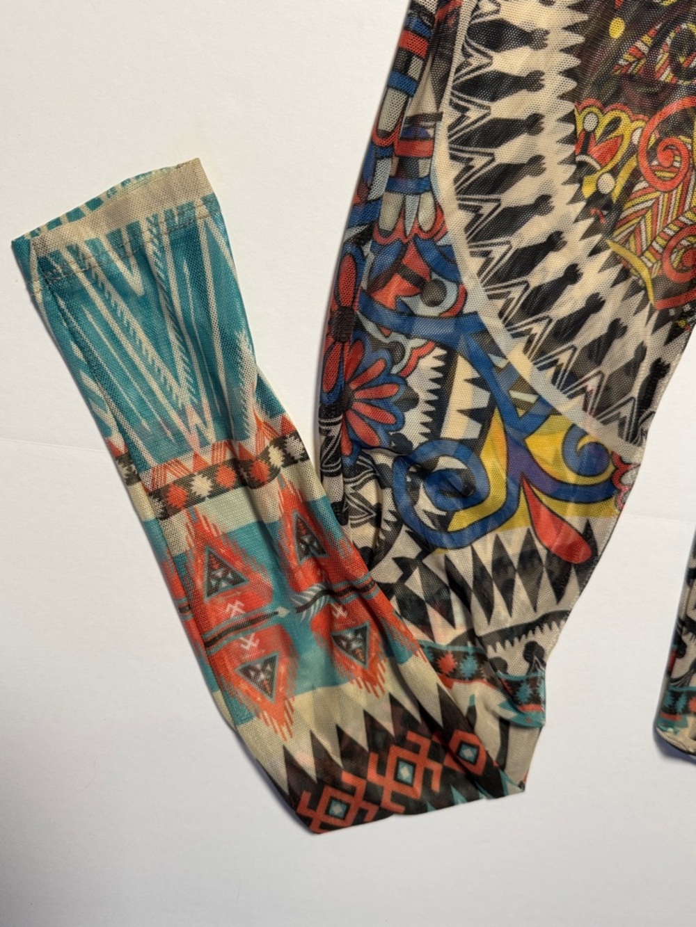 VINTAGE 90's Kaleidoscope Tribal Print Mesh Sheer Stretch Jumpsuit Cat Suit M - Picture 4 of 16